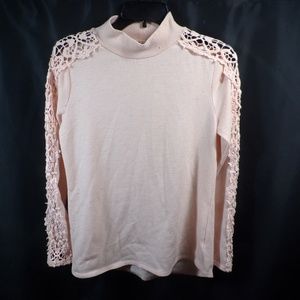 XL Peach high neck sweater with lace cutout down the sleeve (Bell sleeves)